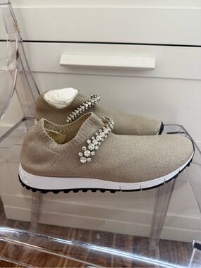 Jimmy Choo Beige Metallic Crystal-Embellished Knit  Slip-On Sneakers